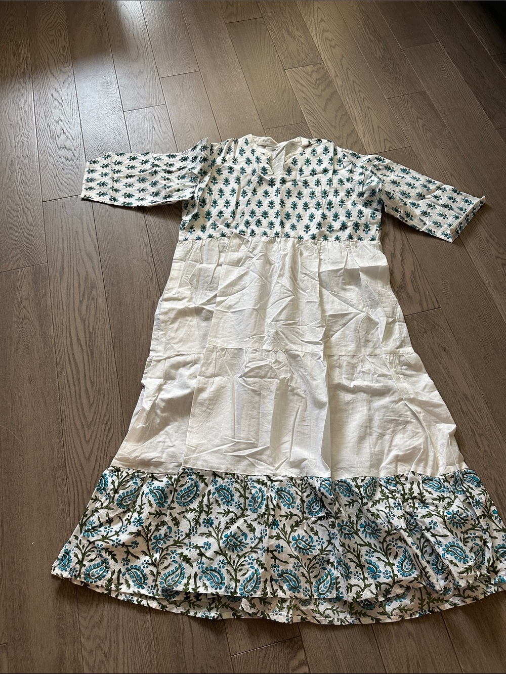 White and Teal Floral Kids Dress - Casual Tiered Dress
